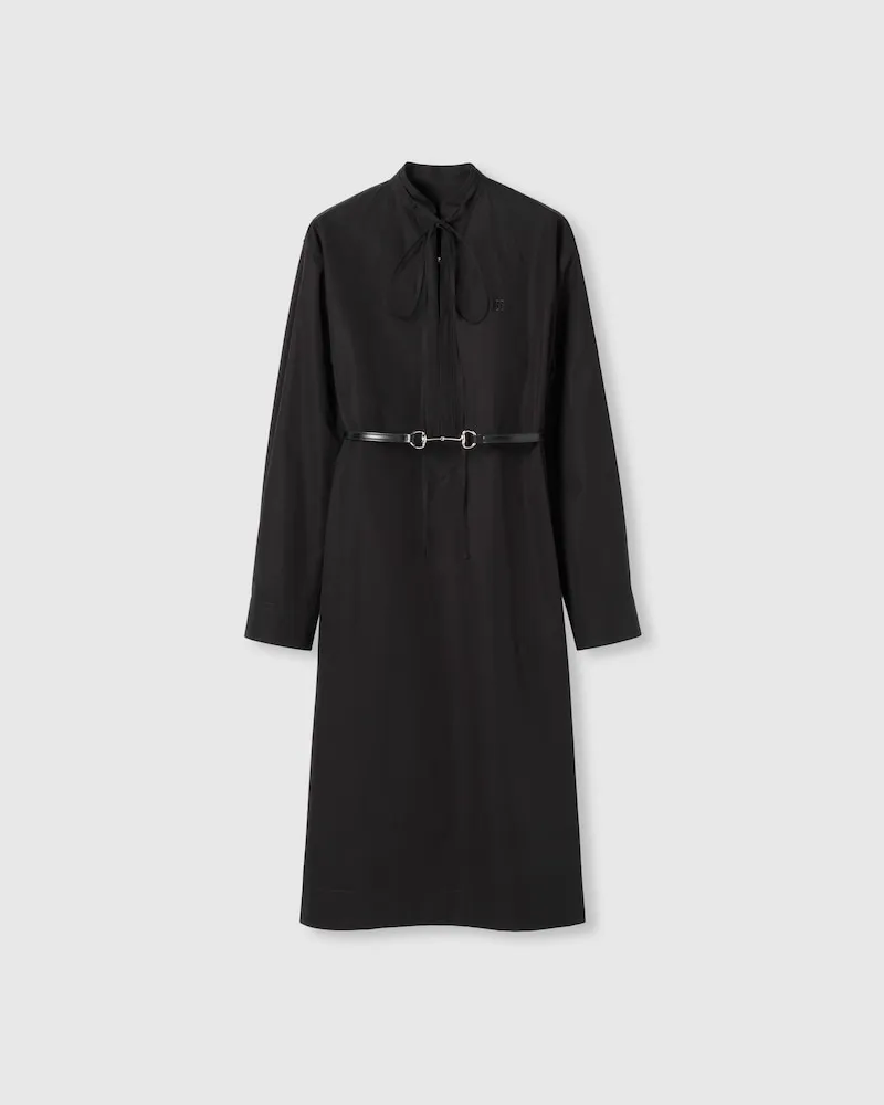 Gucci Kleid aus Baumwollpopeline Mit Horsebit-Gürtel, Größe Schwarz