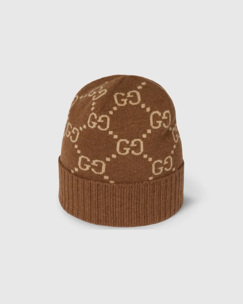 Gucci Mütze aus GG Kaschmirjacquard, Größe Braun