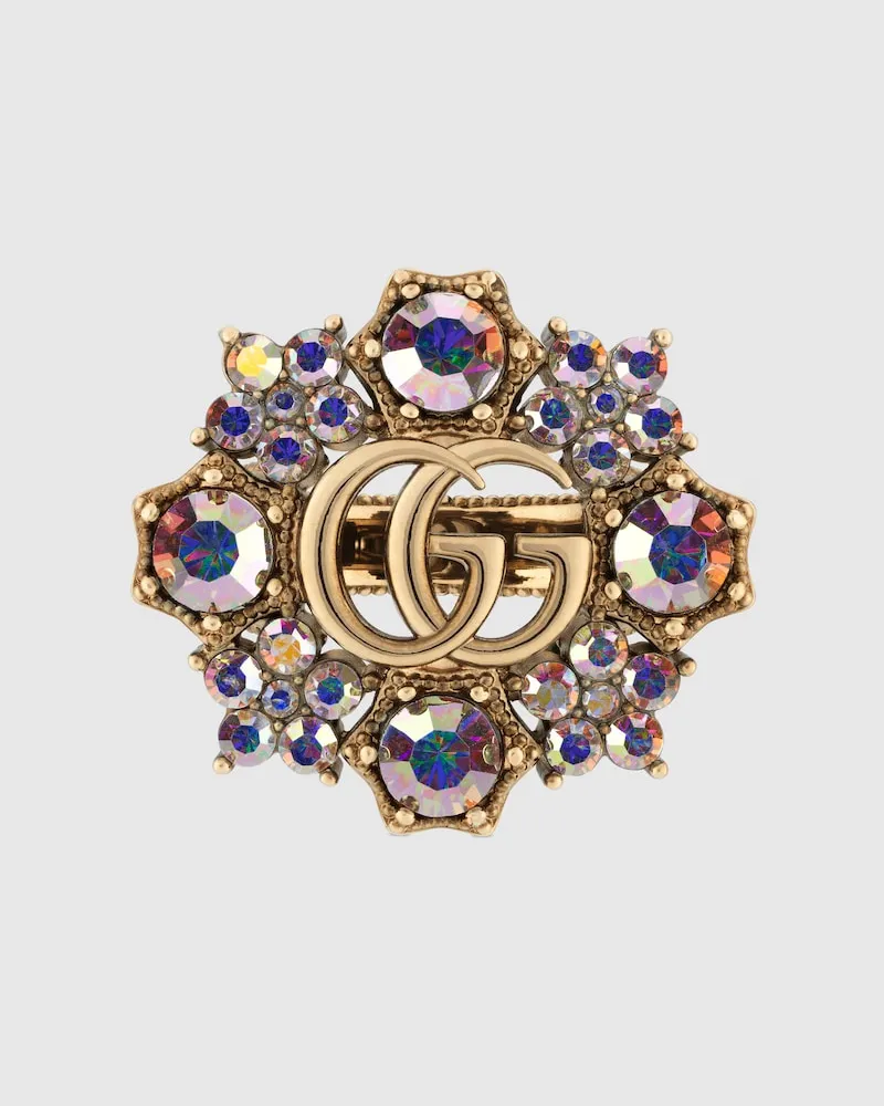 Gucci Ring Mit Doppel G Und Blumen Mit Kristallen, Größe Gold