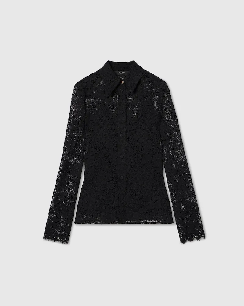 Gucci Bluse aus Stretch-Spitze Mit GG Blumen-Motiv, Größe Schwarz