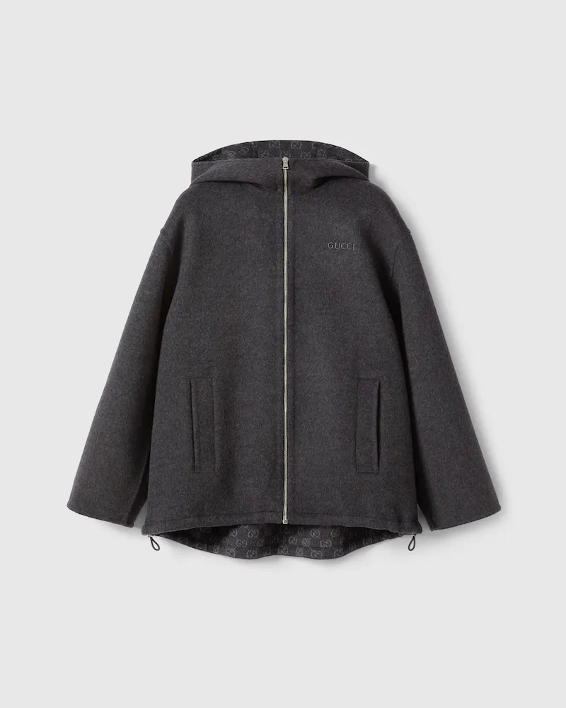 Gucci Jacke aus Wolle Und Seide Mit Stickerei Und Kapuze, Größe Grau