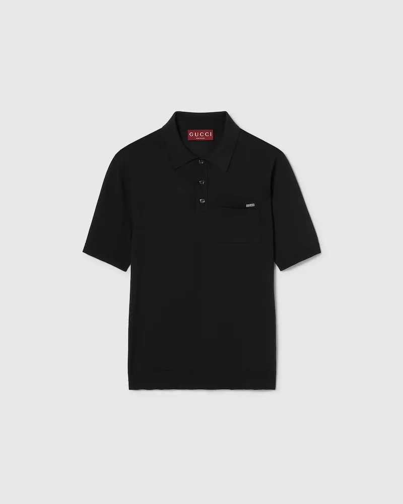 Gucci Poloshirt aus Feinem Wollstrick Mit Intarsie, Größe Schwarz