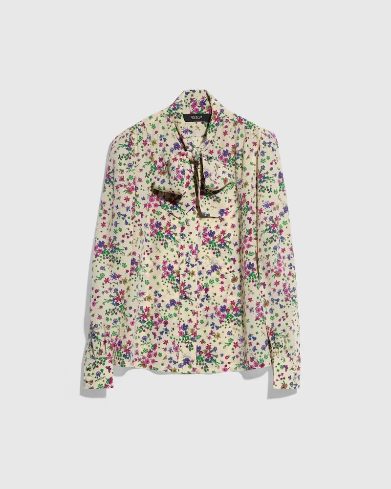 Gucci Bedrucktes Seidenhemd mit Schleife, Größe Weiß