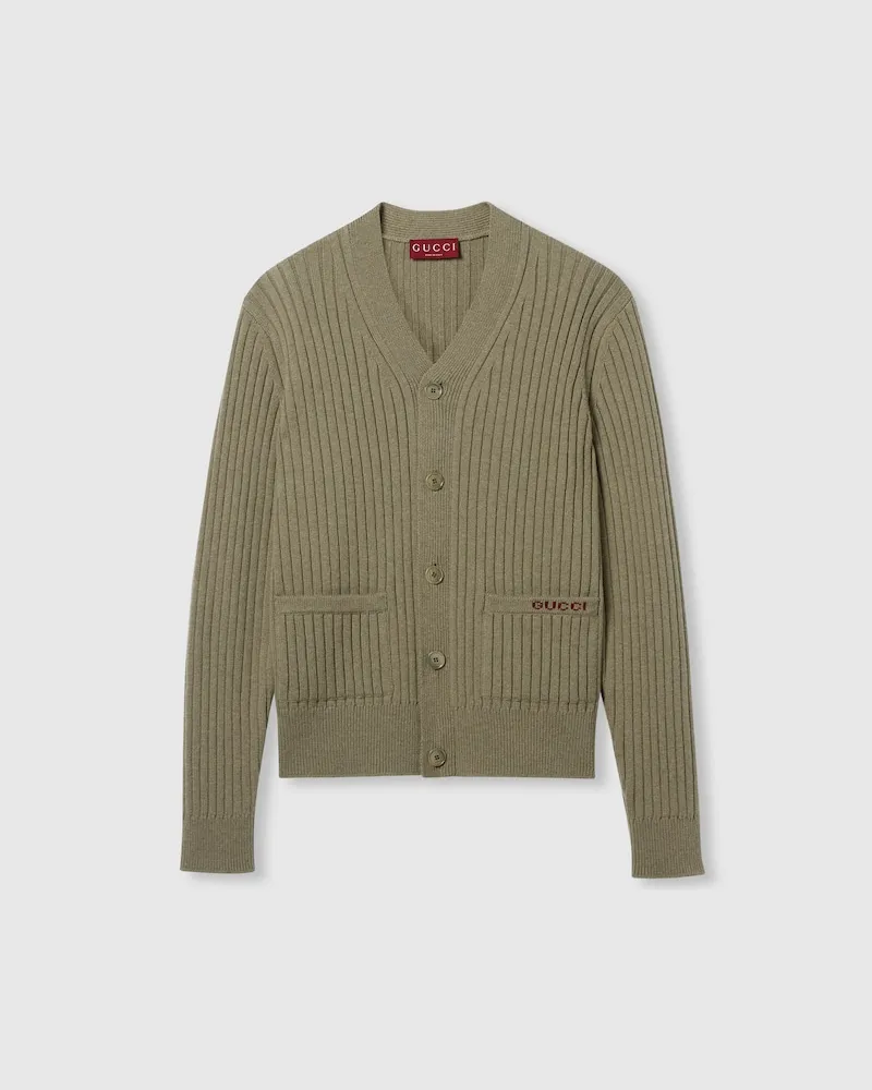 Gucci Cardigan aus Geripptem Woll-Kaschmirstrick, Größe Grün