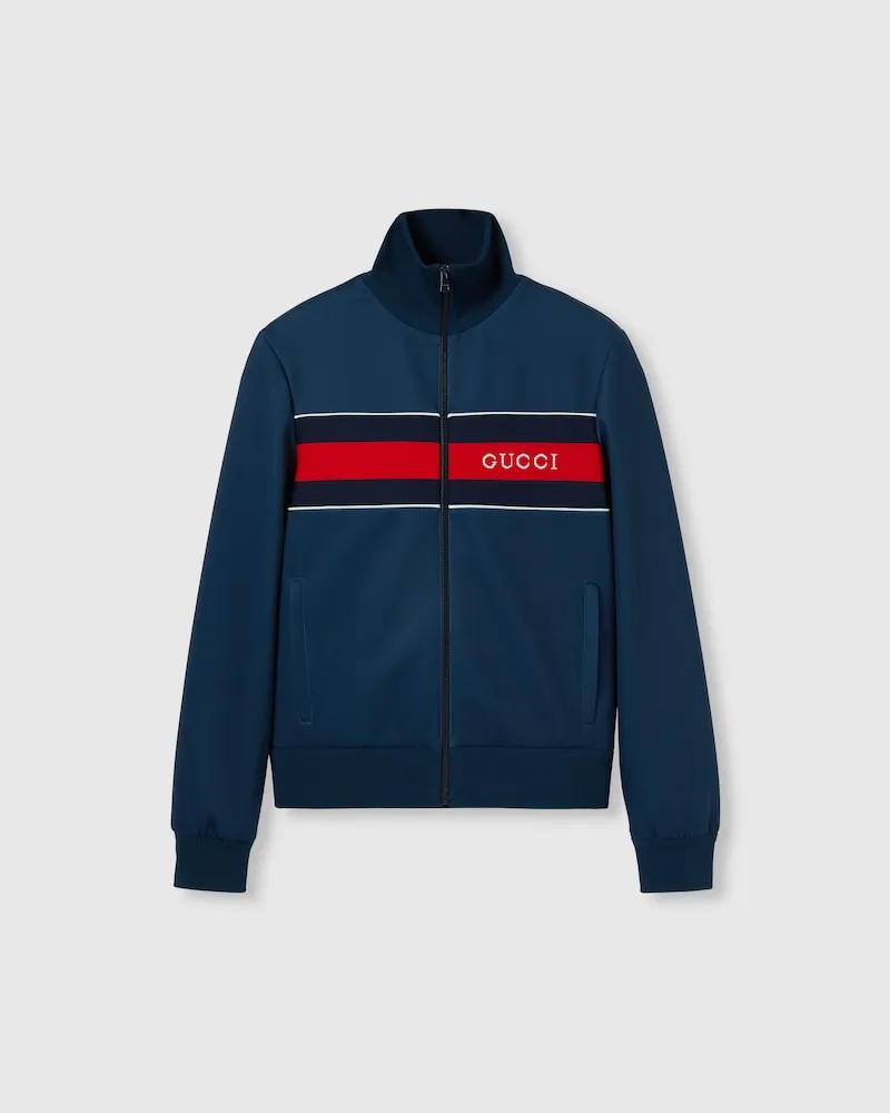 Gucci Jacke aus Neopren Mit Reißverschluss Und Web, Größe Blau