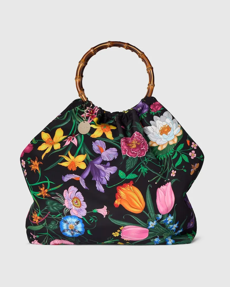 Gucci Seidene Maxi-Tasche mit 'Bamboo' Griff Schwarz