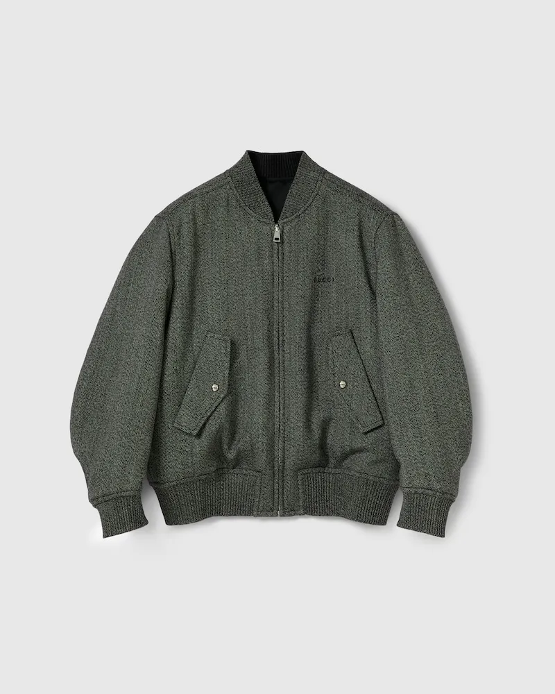 Gucci Bomberjacke aus Woll-Mouliné Mit Fischgratmuster, Größe Grau