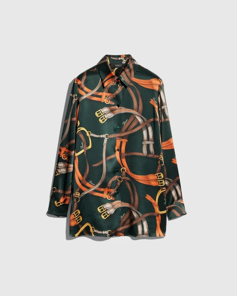 Gucci Bluse aus Seidensatin mit Print Grün