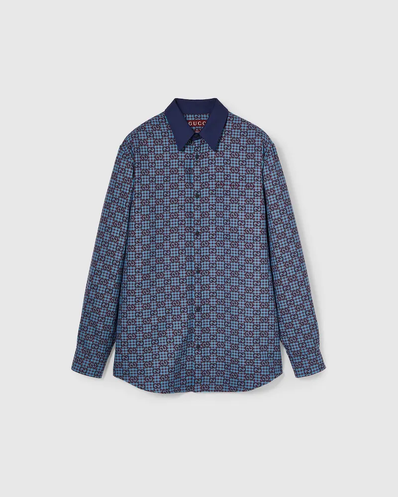 Gucci Hemd aus Baumwoll- Und Wolljacquard Mit GG Vichykaro, Größe Blau