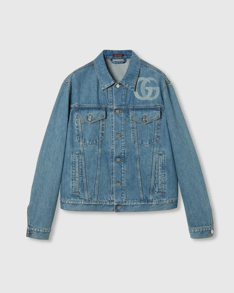 Gucci Jacke aus Denim Mit Gelasertem Doppel G, Größe Blau