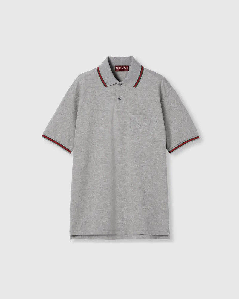 Gucci Poloshirt aus Baumwoll-Piqué Mit Stickerei, Größe Grau