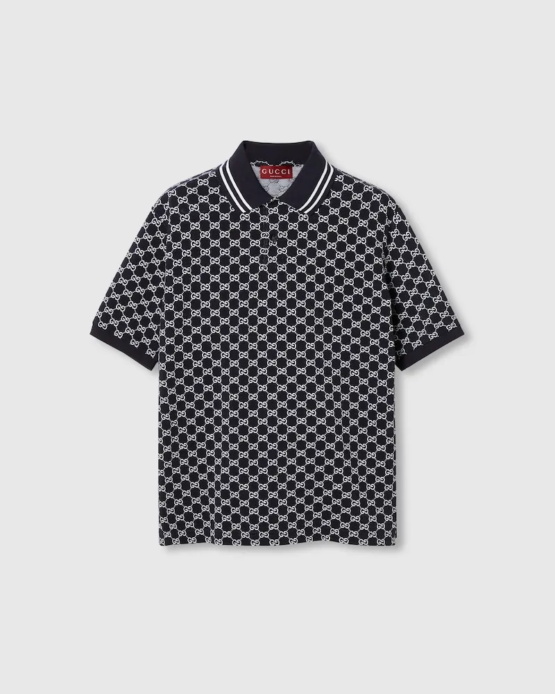 Gucci Poloshirt aus Baumwoll-Piqué Mit GG Jacquard, Größe Blau