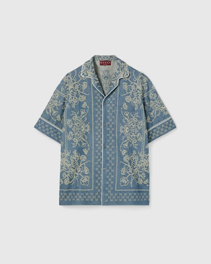 Gucci Hemd aus GG Denim-Jacquard Mit Waschung, Größe Blau
