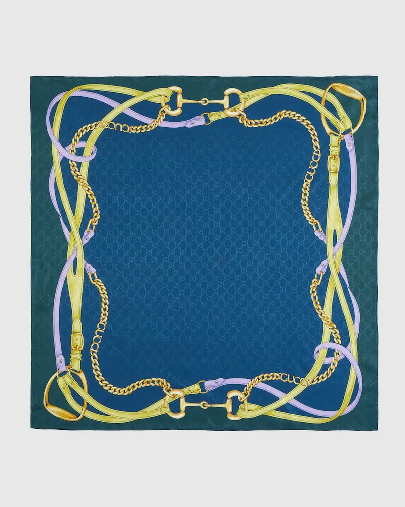 Gucci Vierecktuch aus GG Seidenjacquard Mit Print Blau
