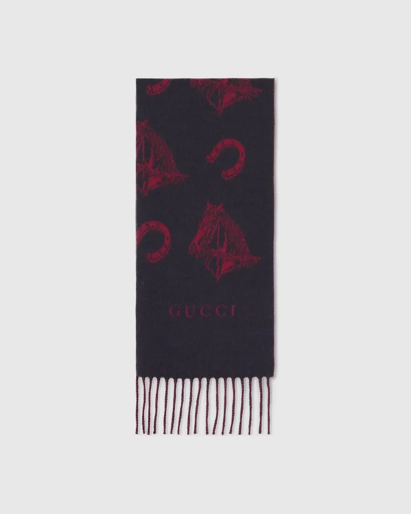 Gucci Schal aus Seiden- Und Wolljacquard Mit Reitsport-Motiv Blau