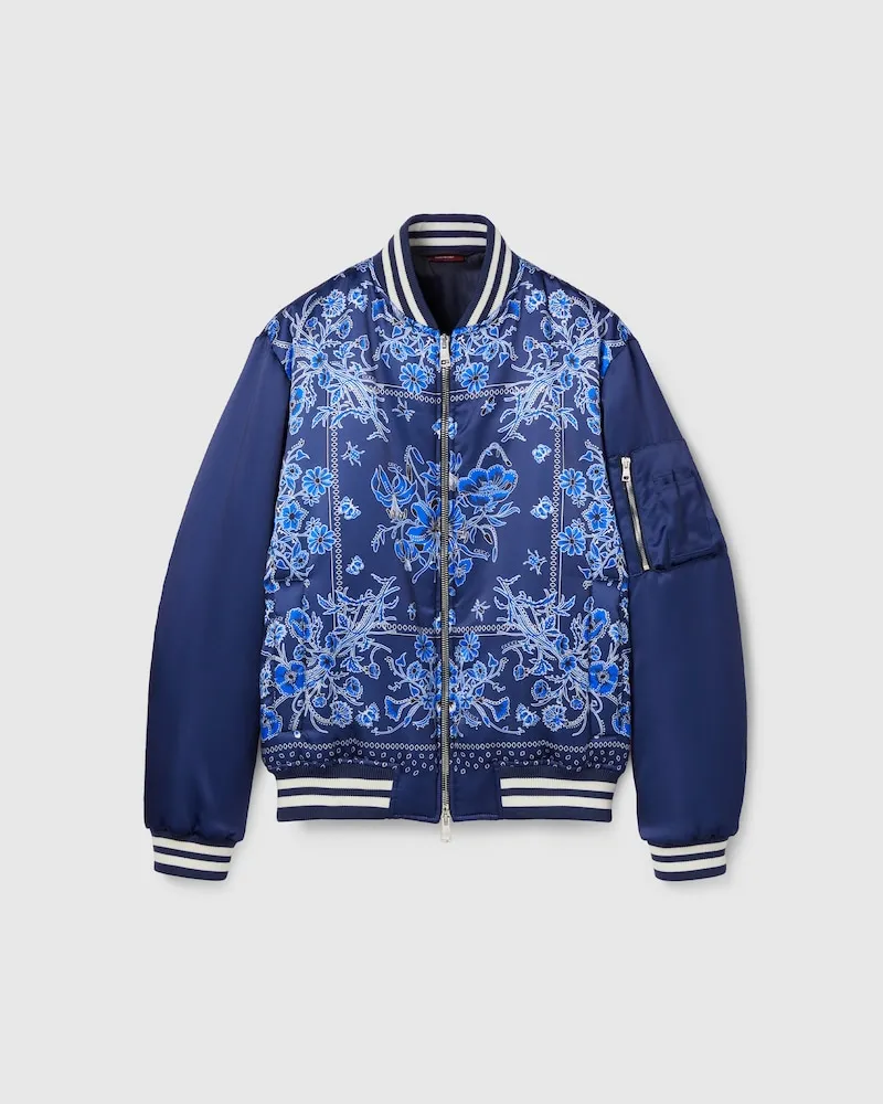 Gucci Jacke aus Satin Mit Print Und Reißverschluss, Größe Blau