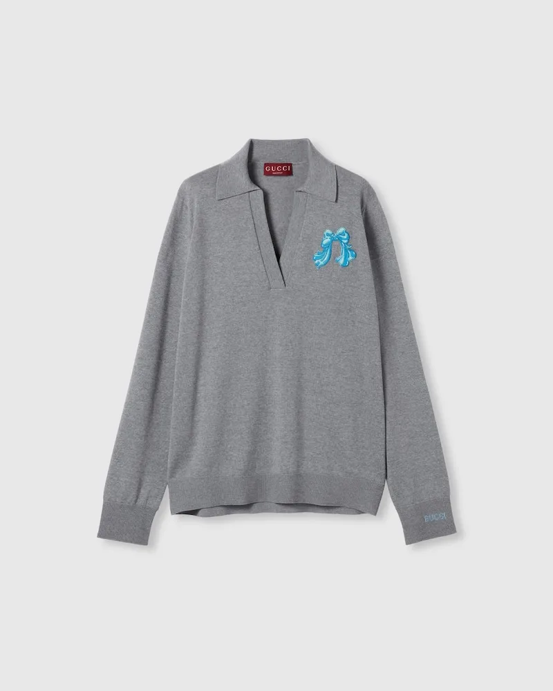 Gucci Poloshirt aus Extrafeiner Wolle Mit Patch, Größe Grau