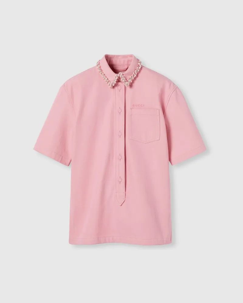 Gucci Hemdbluse aus Denim Mit Stickerei, Größe Pink