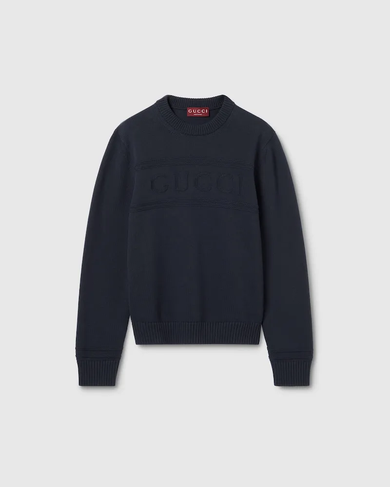 Gucci Pullover aus Baumwoll- Und Wollstrick Mit Intarsie, Größe Blau