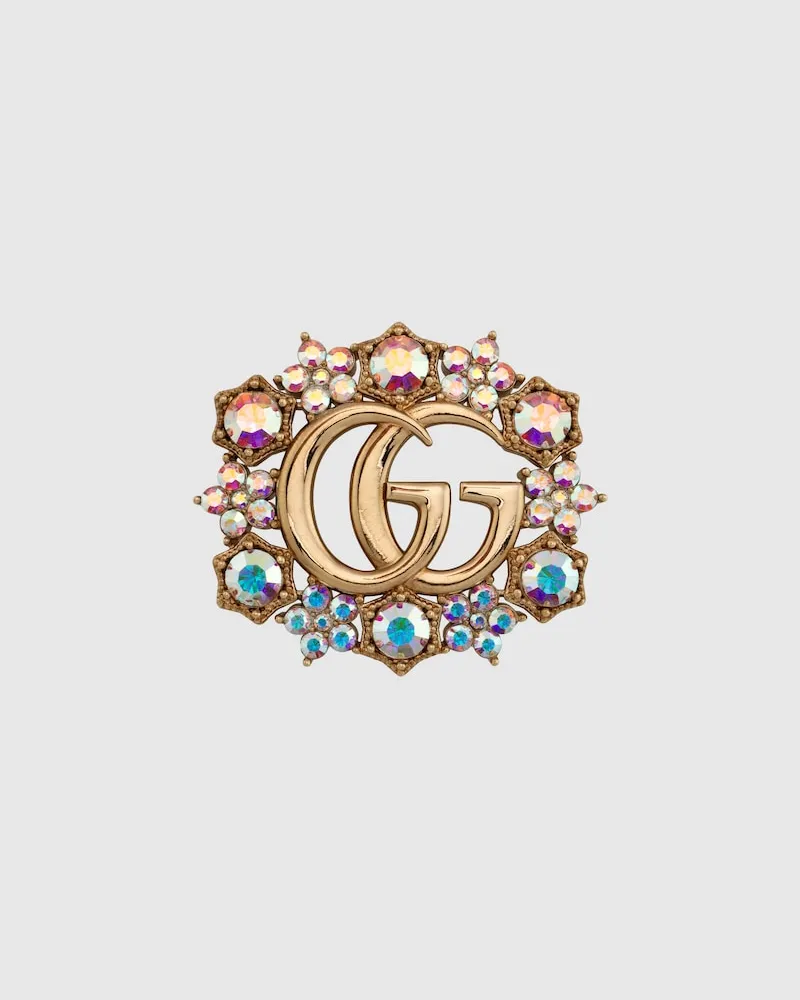 Gucci Brosche Mit Doppel G Und Blumen Mit Kristallen Gold
