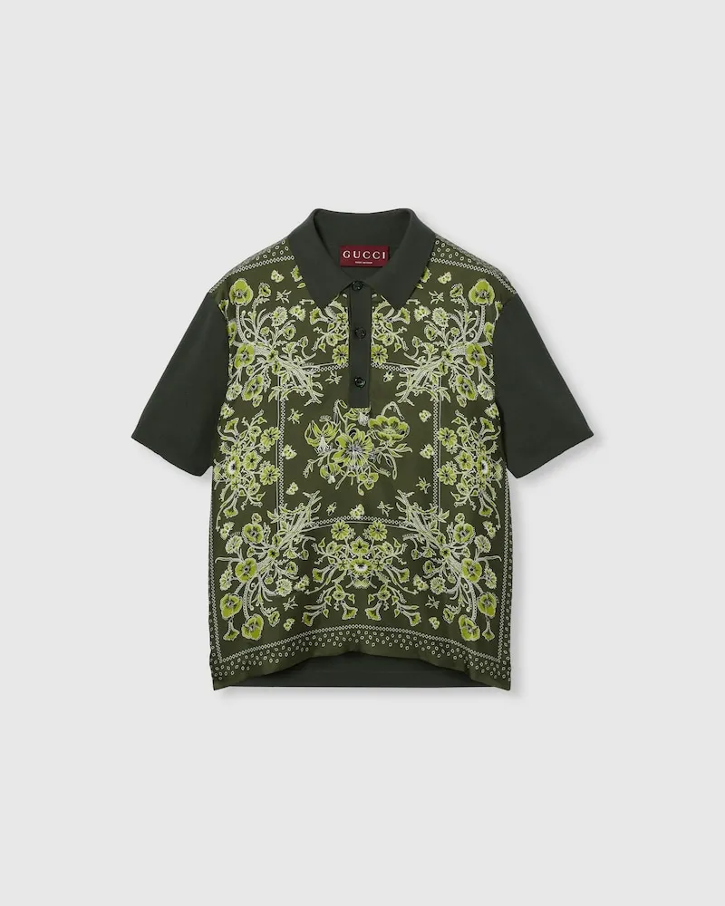 Gucci Poloshirt aus Seiden- Und Baumwollstrick Mit Print, Größe Grün