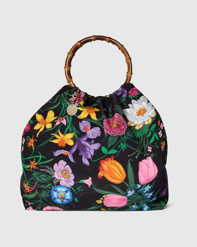 Gucci Seidene Maxi-Tasche mit 'Bamboo' Griff Schwarz