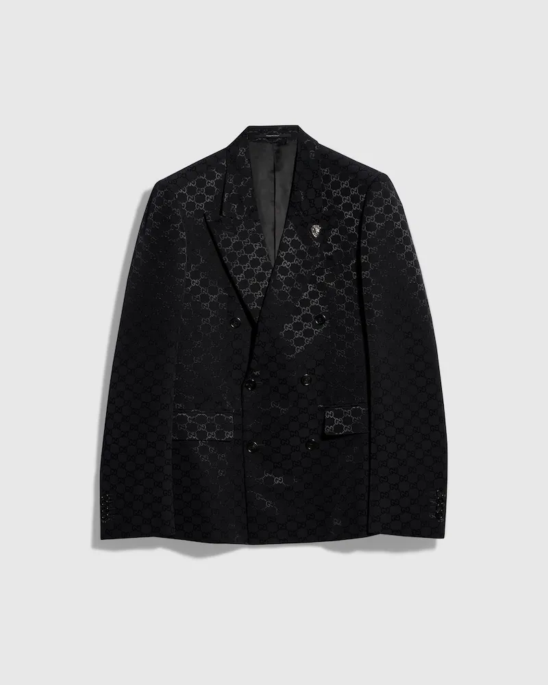 Gucci Zweireihiger Blazer aus Leichtem GG Baumwoll-Faille, Größe Schwarz