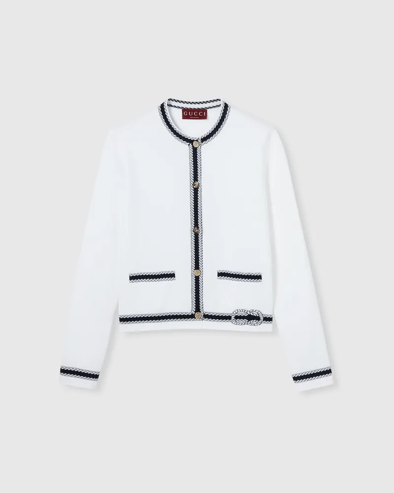 Gucci Cardigan aus Baumwolle Mit Nadelstich Und Intarsie, Größe Weiß