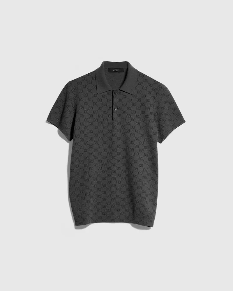 Gucci GG Wool Silk Jacquard Polo Shirt, Größe Grau