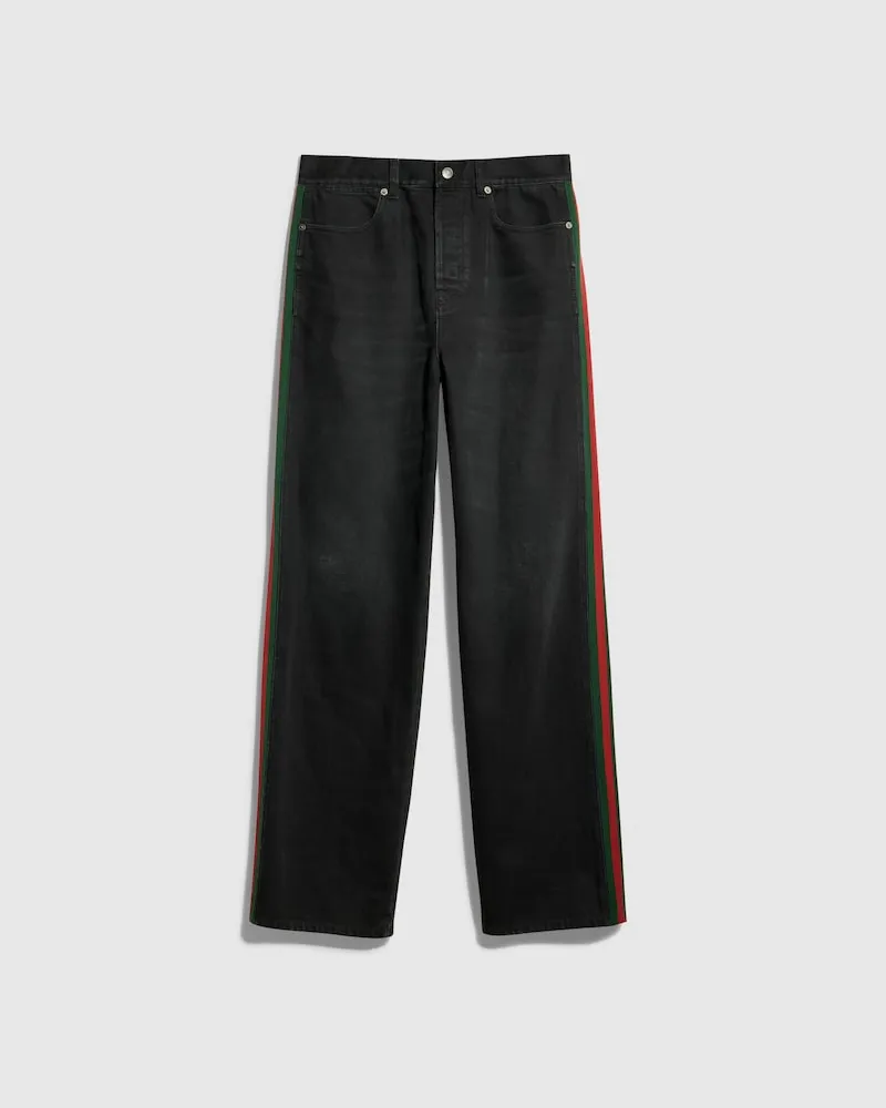 Gucci Hose aus Baumwolle Und Denim mit Web-Einsatz, Größe Schwarz