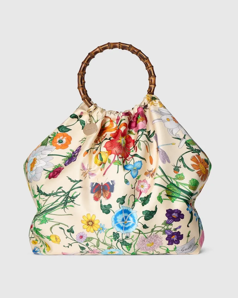 Gucci Cabas Maxi Format En Soie Avec Poignée En 'Bamboo Blanc
