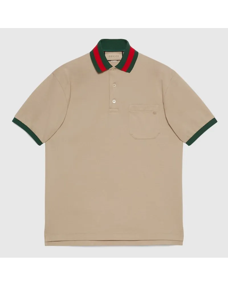 Gucci Poloshirt Aus Baumwoll-Piqué Mit Web Am Kragen Beige