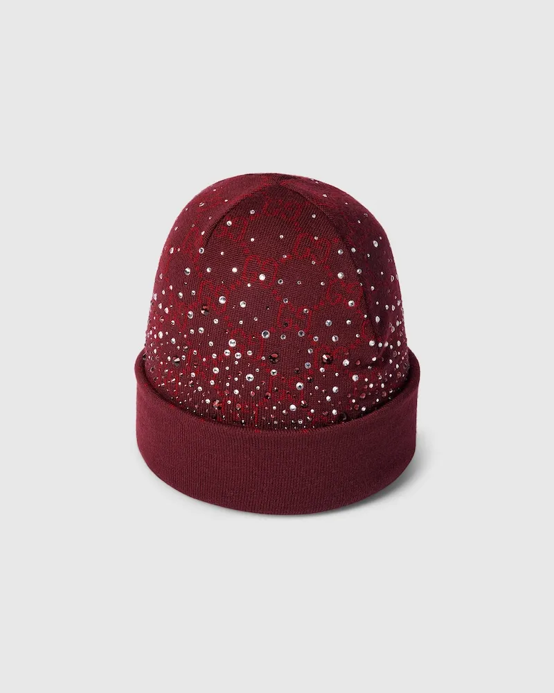 Gucci Mütze aus GG Wolle Mit Kristallen, Größe Bordeauxrot