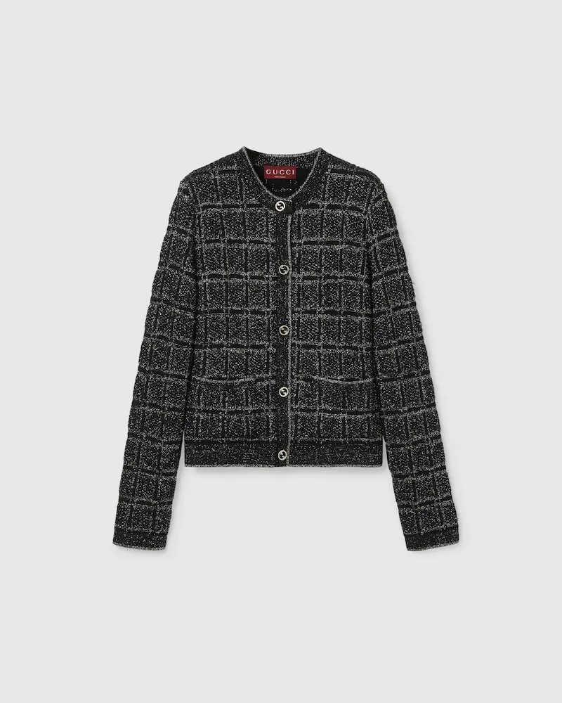 Gucci Cardigan aus Woll- Und Laméjacquard Mit Karomuster, Größe Schwarz