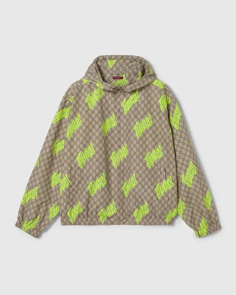 Gucci Reißverschlussjacke aus Technischem Popeline Mit Print, Größe Beige