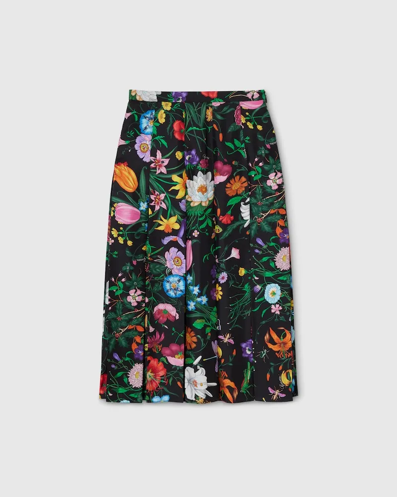 Gucci Jupe Midi Plissée En Twill De Soie Imprimé, Taille Noir