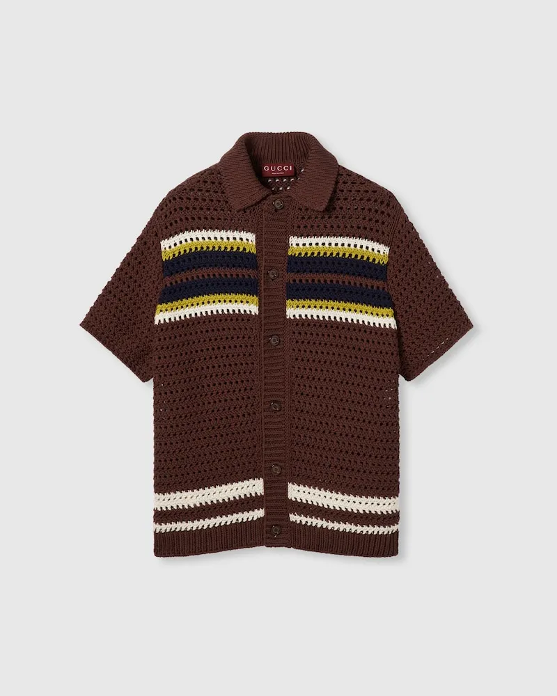 Gucci Poloshirt aus Gehäkeltem Baumwollstrick Mit Streifen, Größe Braun
