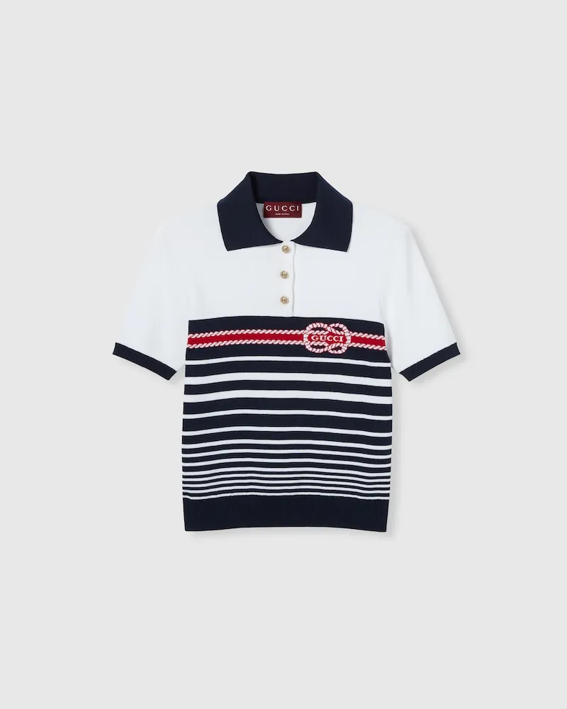 Gucci Poloshirt aus Baumwolle Mit Nadelstich Und Intarsie, Größe Weiß