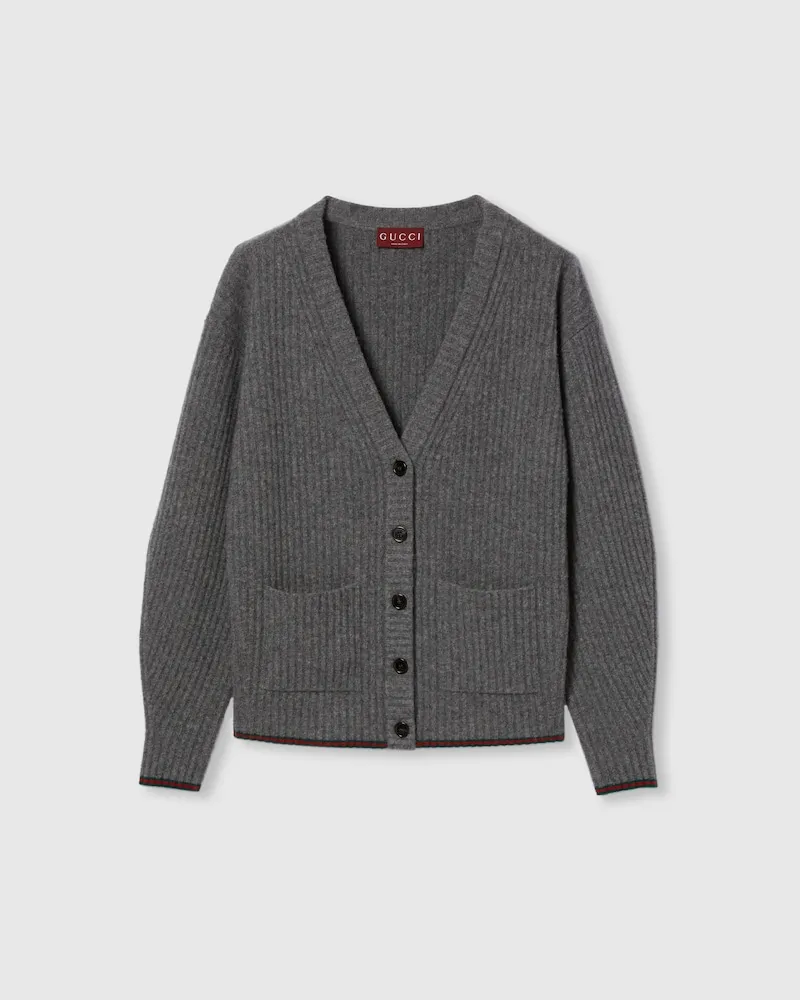 Gucci Cardigan aus Gefilzter Wolle Mit Web, Größe Grau