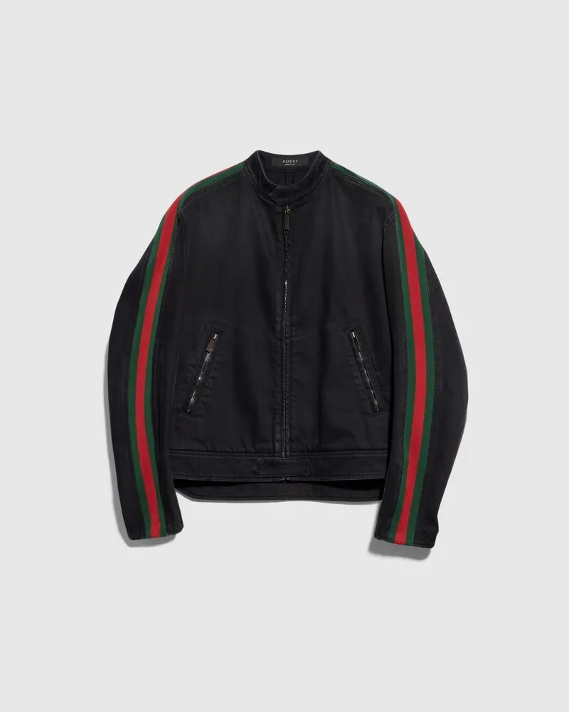 Gucci Bikerjacke aus Baumwolldenim Mit Web, Größe Schwarz