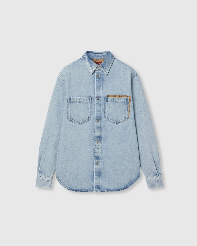 Gucci Hemd aus Denim Mit Waschung Und GG Einsatz, Größe Blau