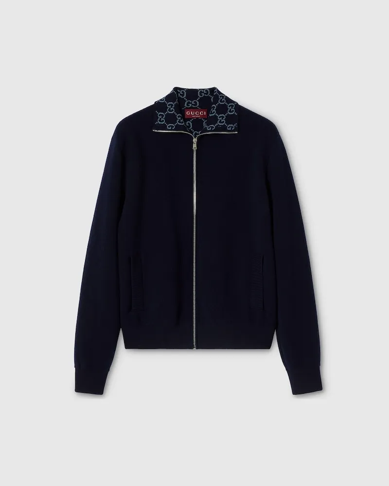 Gucci Jacke aus Wollstrick-Doppelgewebe Mit Reißverschluss, Größe Blau
