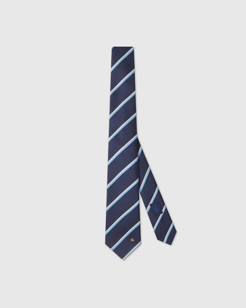 Gucci Gestreifte Krawatte aus Seidenjacquard mit Doppel G Blau