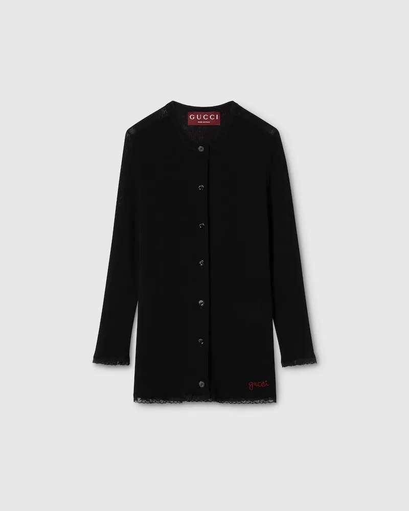 Gucci Cardigan aus Gerippter Baumwolle Mit Stickerei, Größe Schwarz
