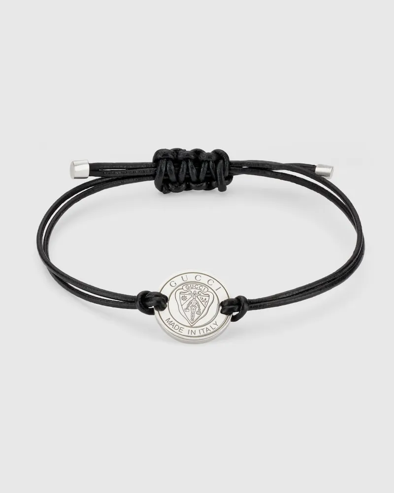 Gucci Wappen Lederschnur Armband mit Charm Silber