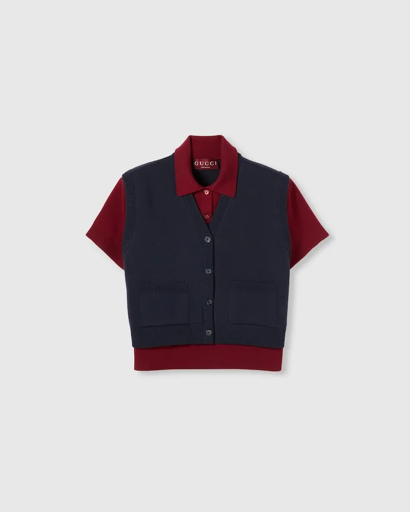 Gucci Poloshirt aus Wolle Und Seide Mit Westen-Overlay, Größe Blau
