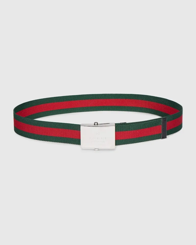 Gucci Gürtel Mit Webstreifen Und Rechteckiger Schnalle, Größe 95 Grün