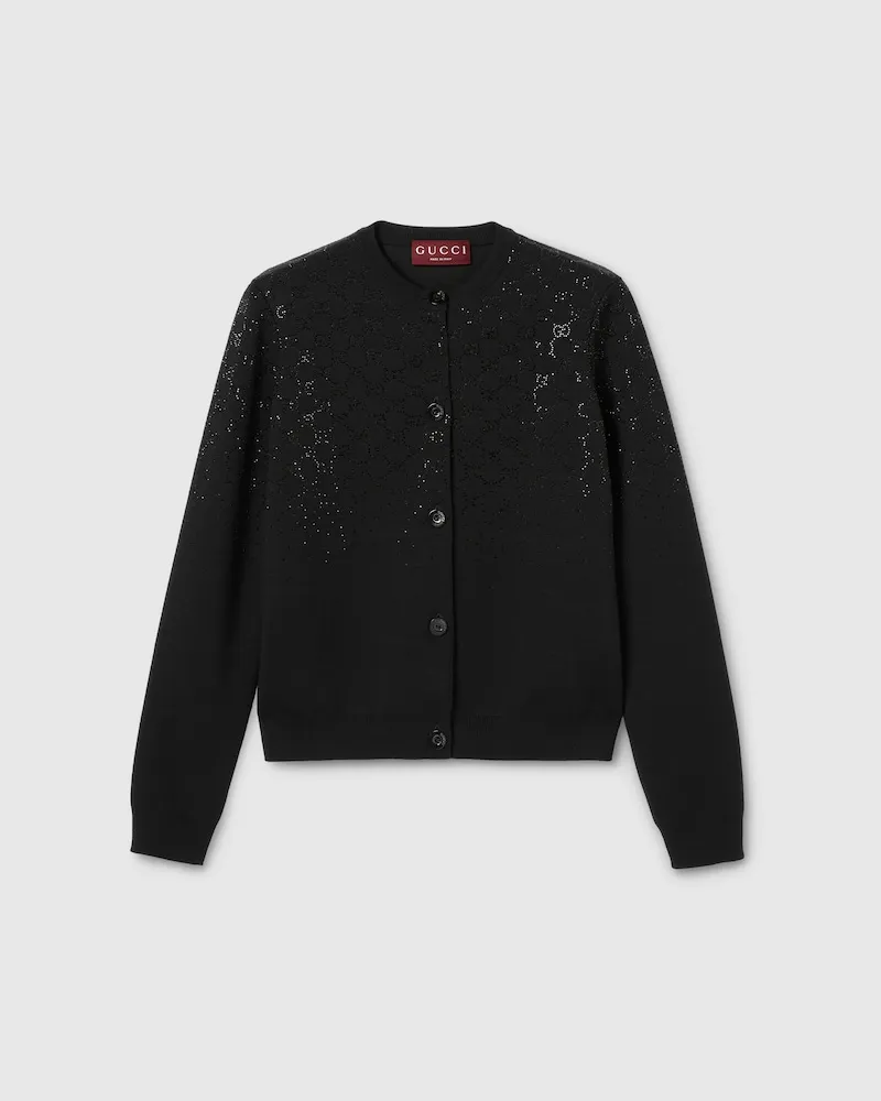 Gucci Cardigan aus Feiner Wolle Mit GG Kristallen, Größe Schwarz