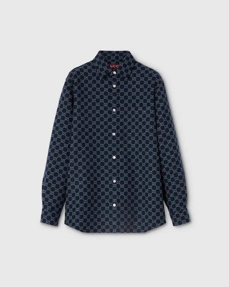 Gucci Hemd aus Gebürstetem GG Flanell, Größe Blau