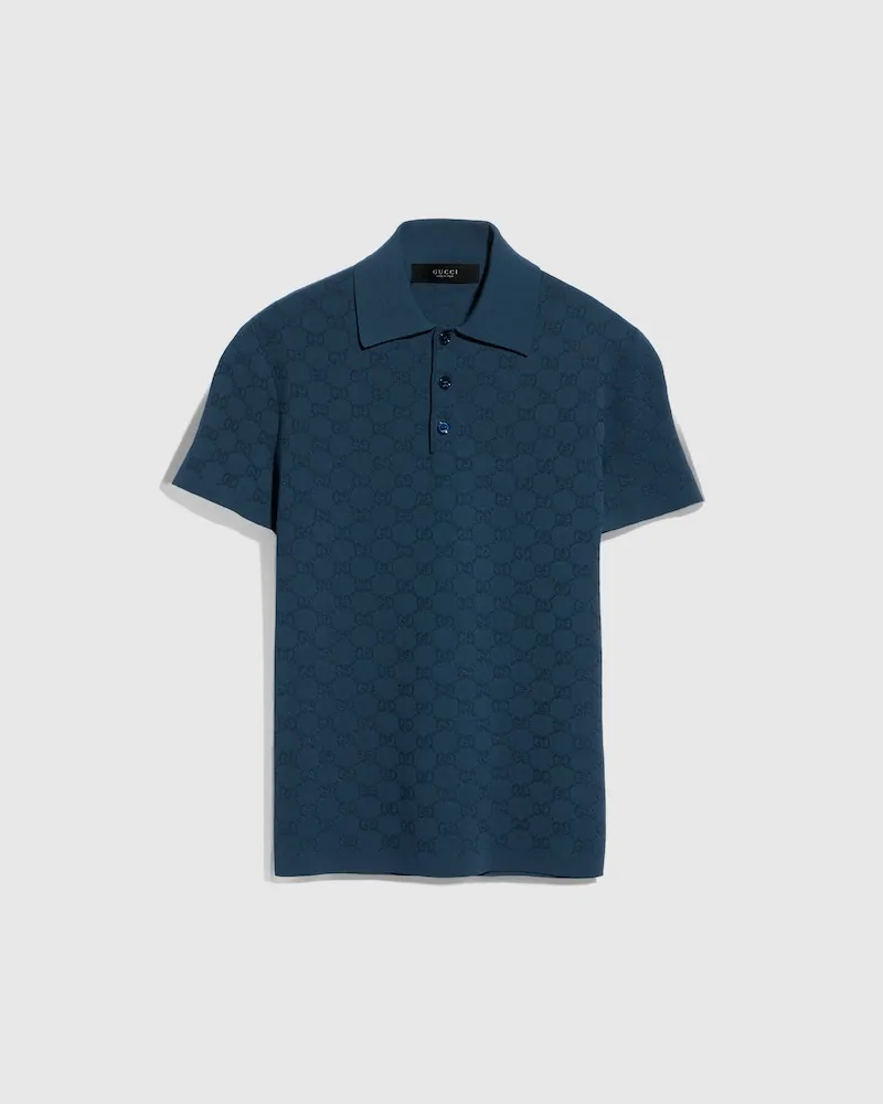 Gucci Poloshirt aus Technischem GG Jacquard-Stoff, Größe Blau